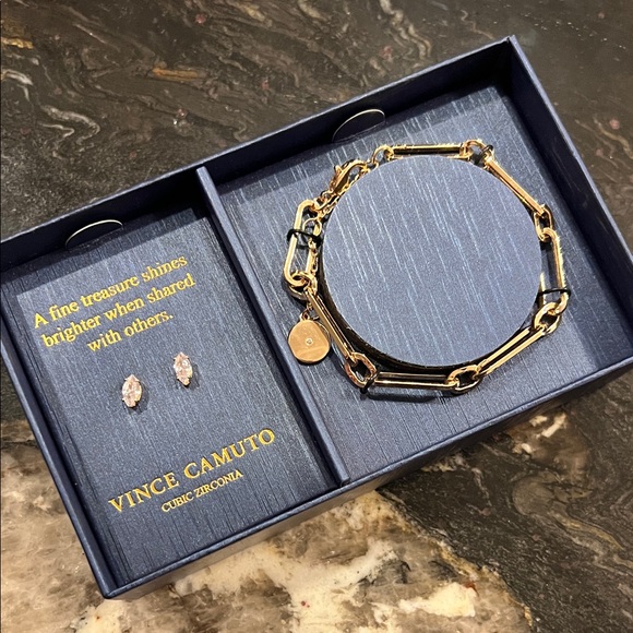 Vince Camuto Jewelry - Vince Camuto 14k Gold Plated Paperclip Chain Bracelet with CZ Earrings